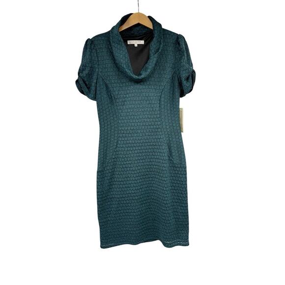 Evan Picone Modest Cowl Neck Short Sleeve Green Crochet Career Dress 12 New - Picture 1 of 6